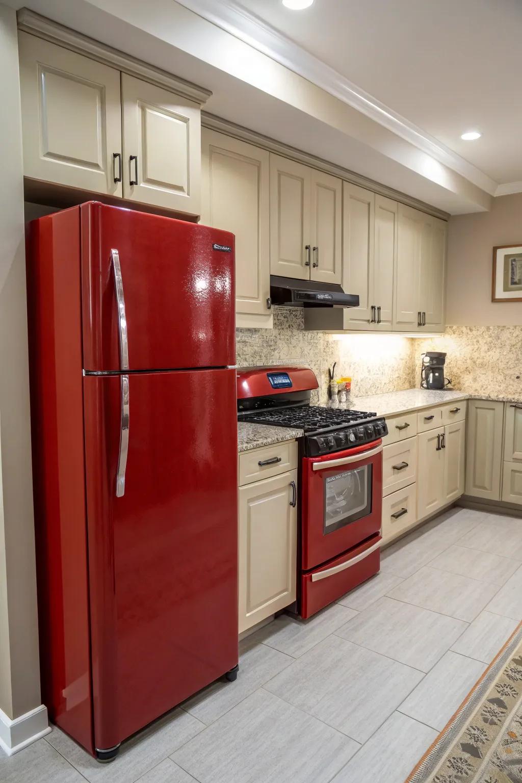 Crimson appliances serving as both functional and design elements in a kitchen.