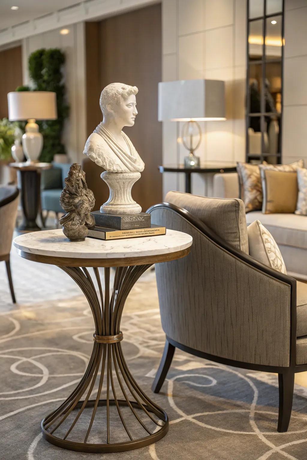 A unique art piece adds artistic intrigue to an accent table.