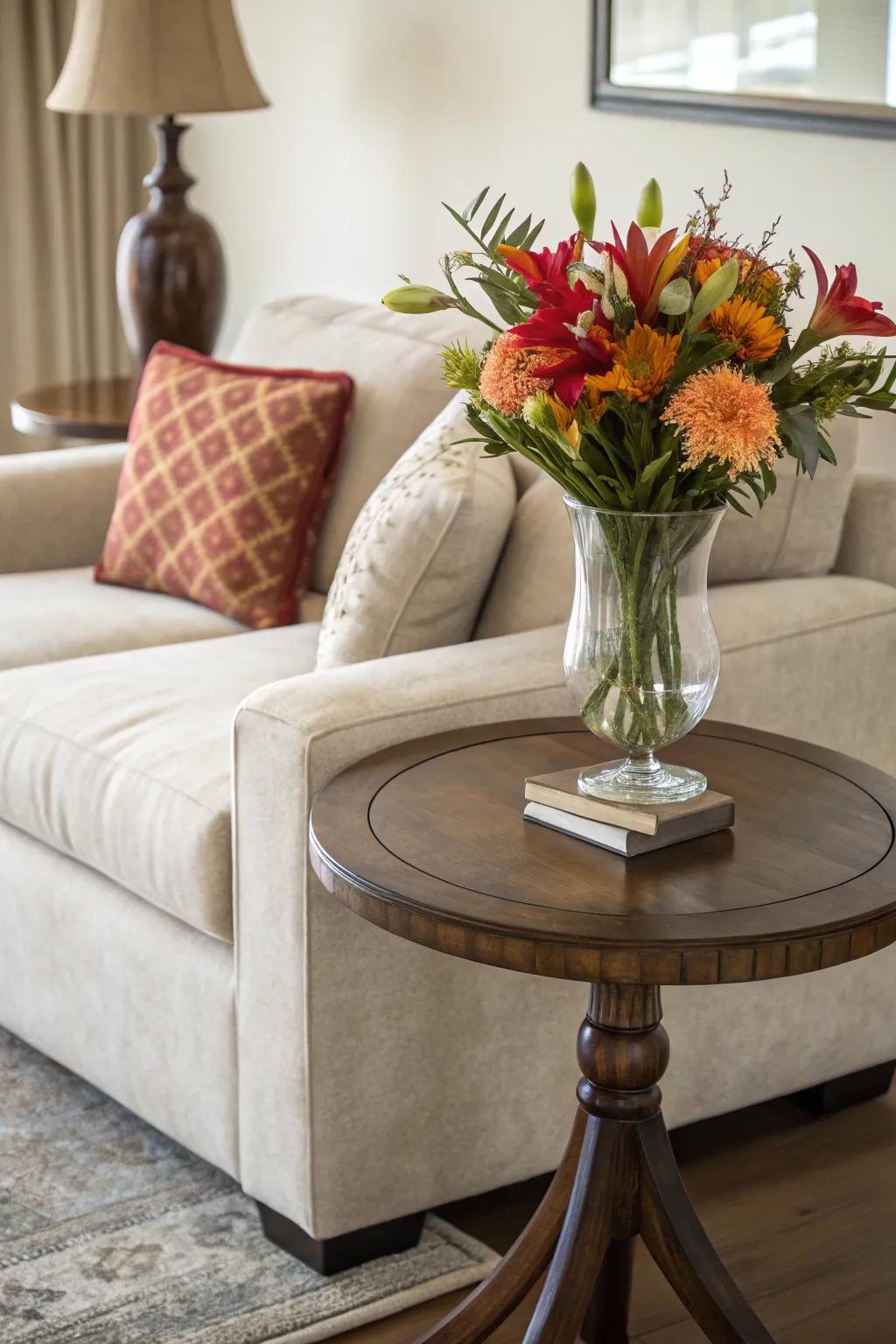 Circular tables introduce a gentle touch to angular spaces.