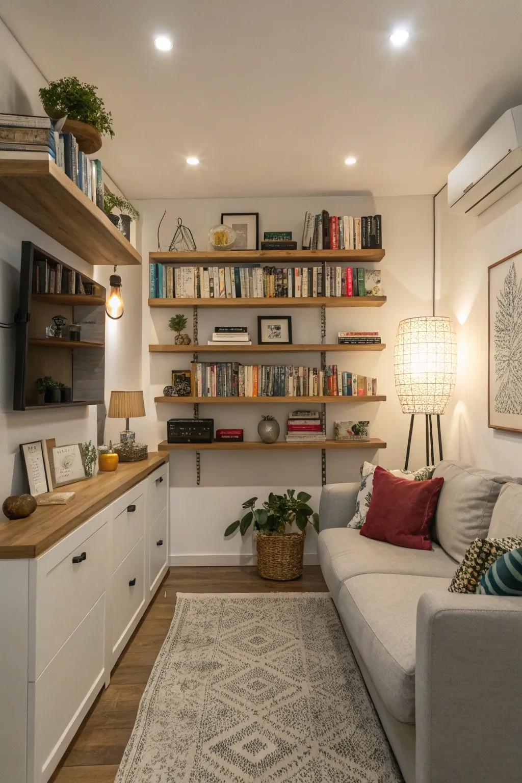 Wall-mounted shelving offers a practical storage solution while injecting personality.