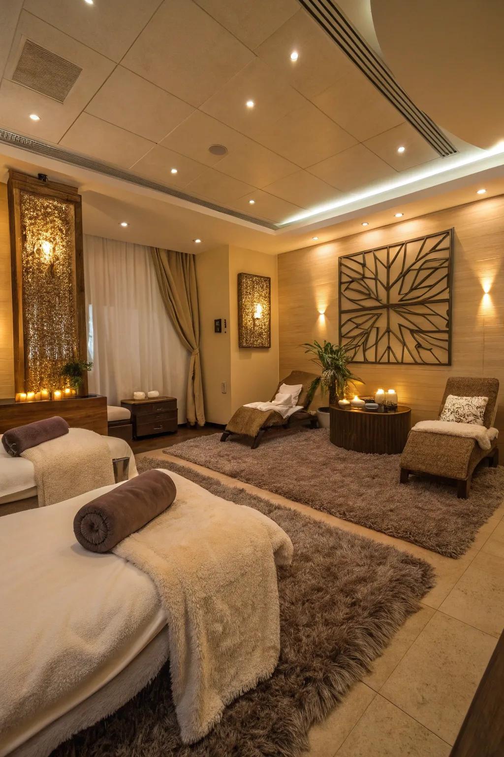 Comfy materials using rugs and coverings within a spa area
