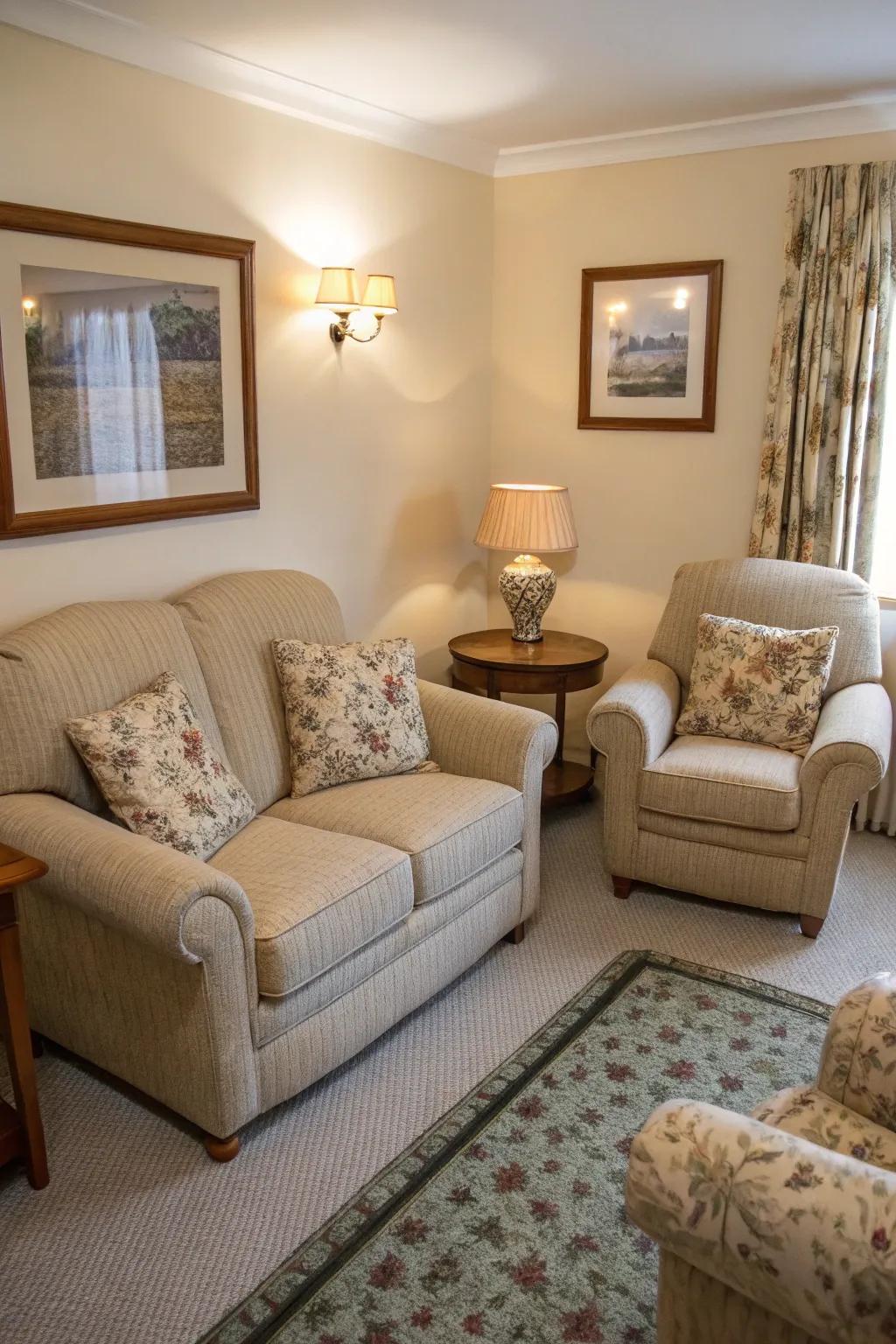 Compact seating arrangements for intimate gatherings.