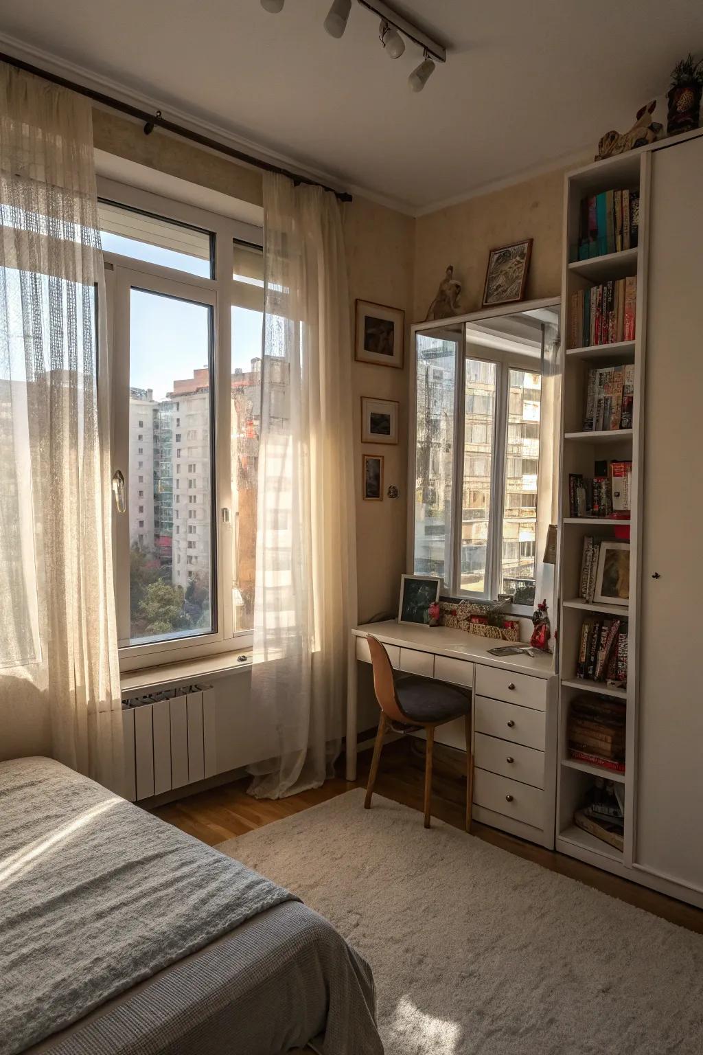 Mirrors and sheer curtains maximize natural light for a bright atmosphere.