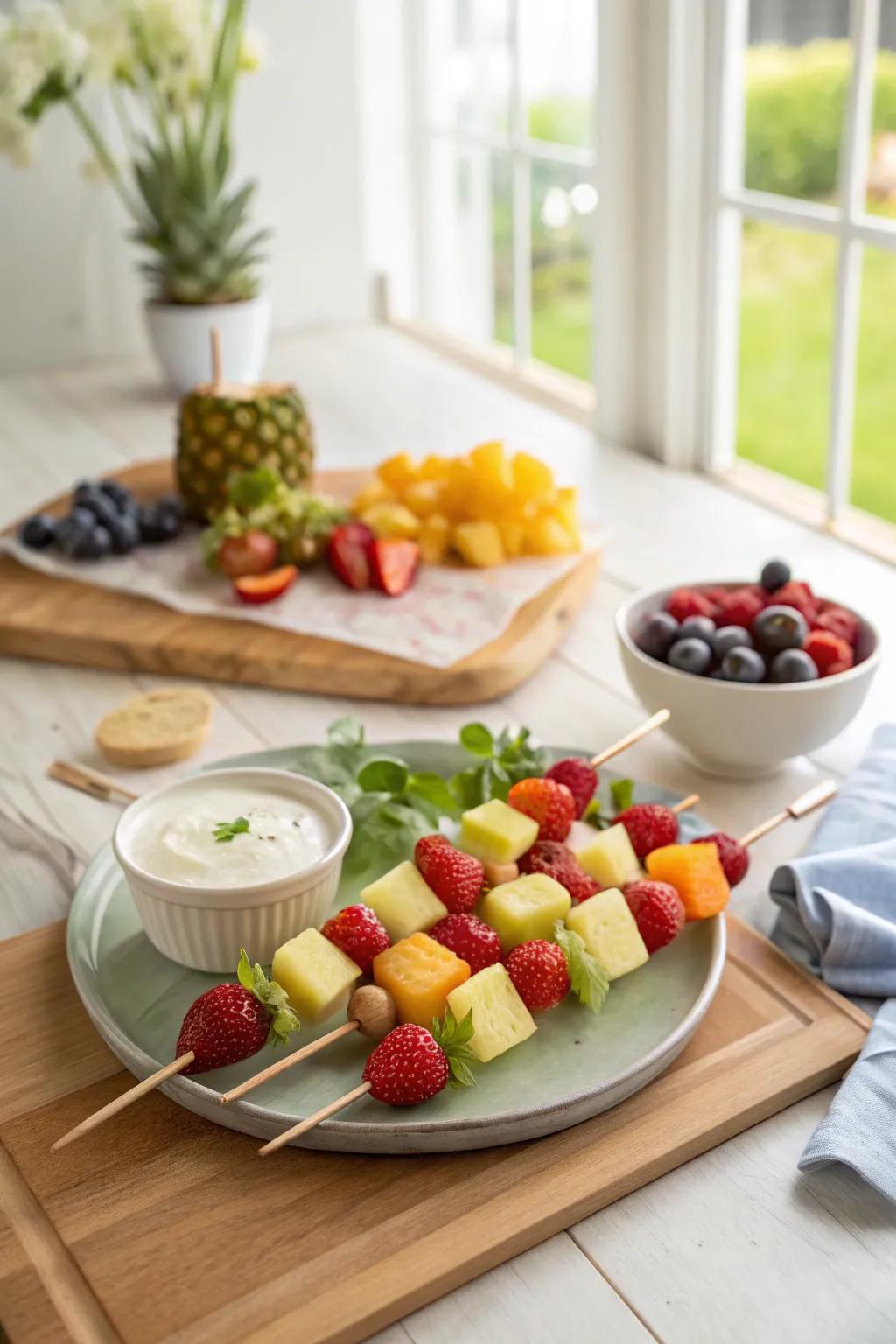 Refreshing fruit skewers matched with a creamy yogurt dip.