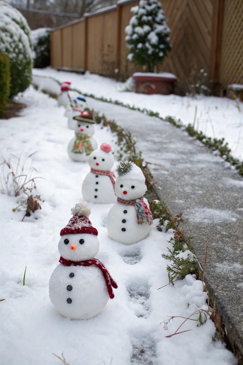 A sequence of lovable diminutive snowmen lining a garden pathway.