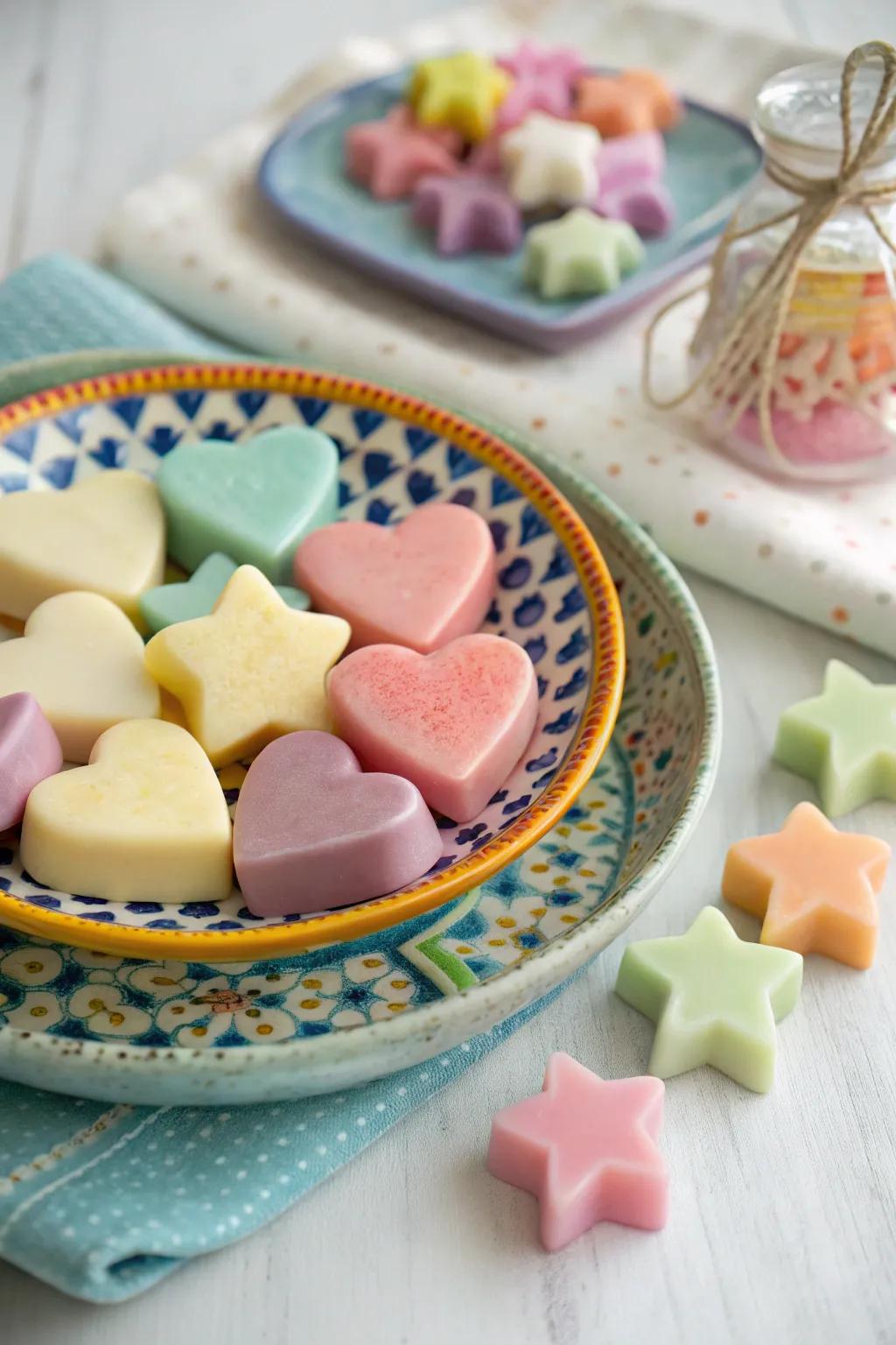 Playful soap molds like hearts and stars, ideal for adding joy to any area.