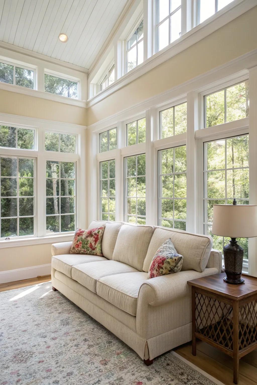 A light-colored couch gives this small living room an airy, spacious feel.