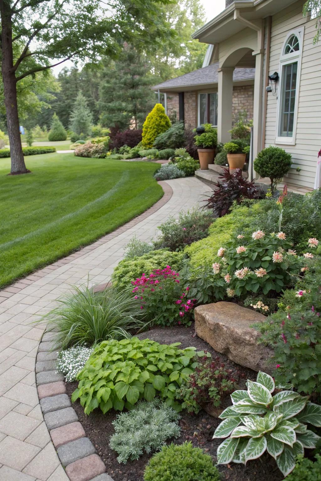 An inviting front garden with tiered plants and ornamental borders.