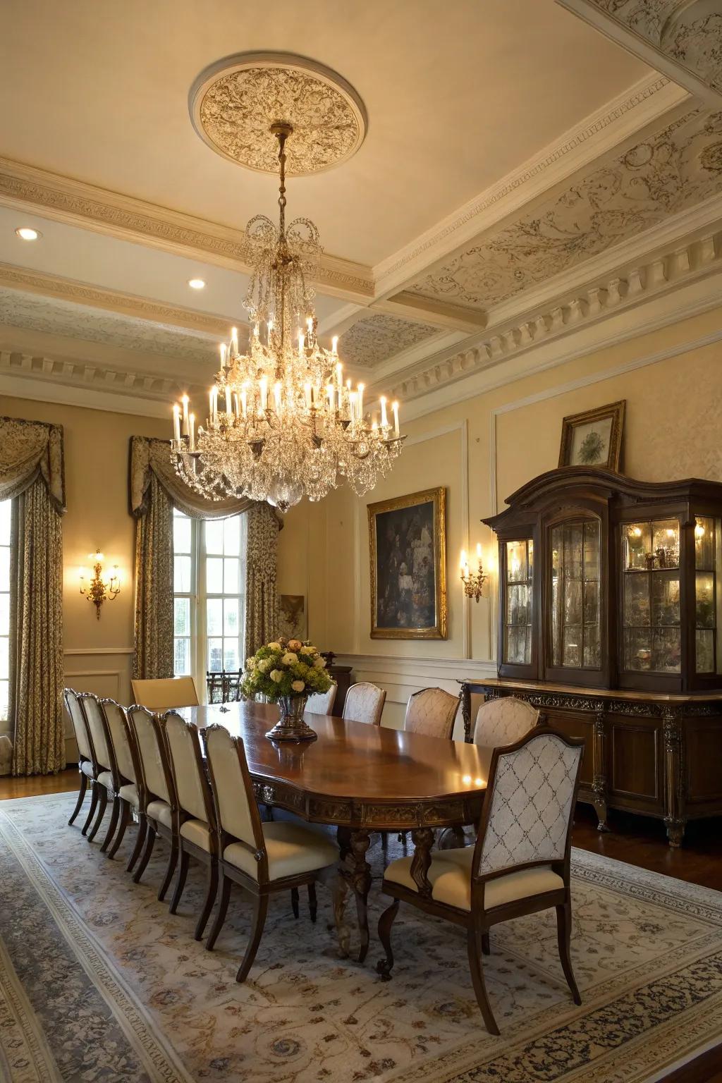 An eye-catching chandelier adding sophistication to a Southern dining area.