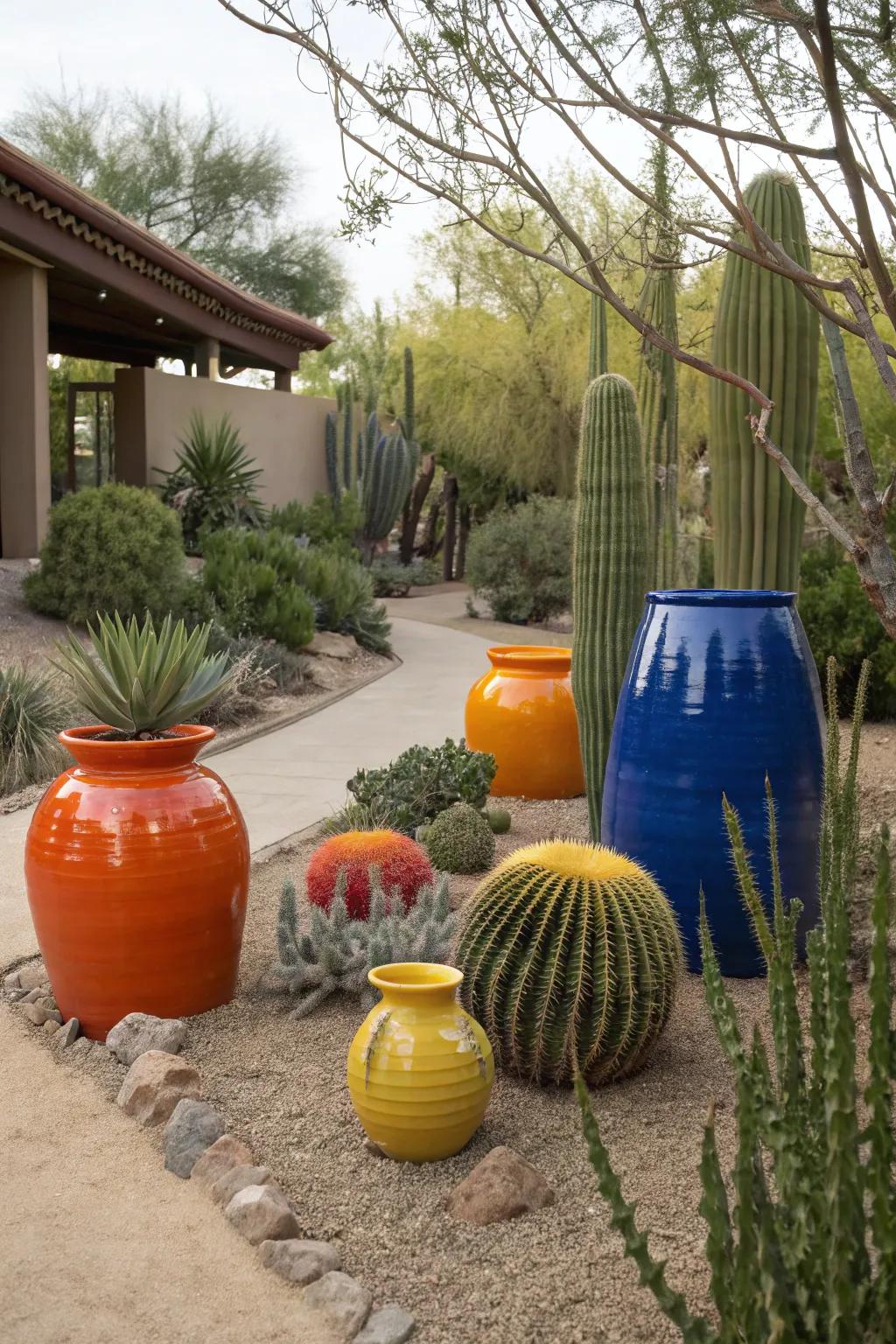 Artistic pottery adding bright focal points to the garden.