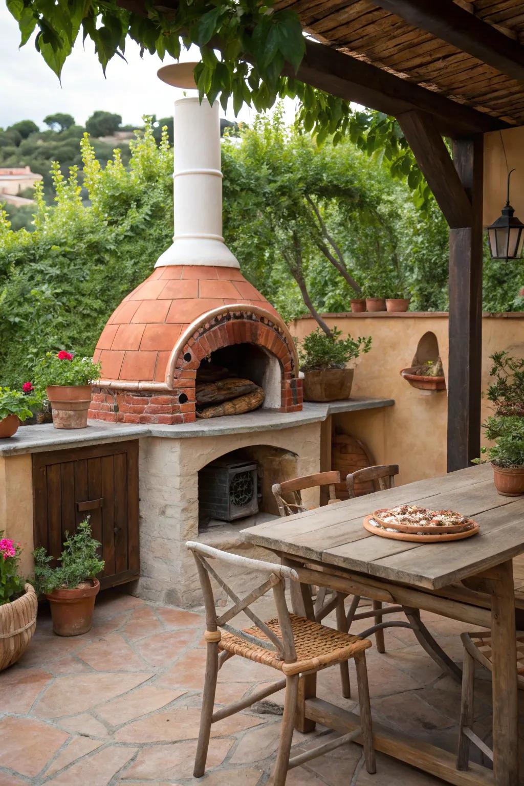 A classic wood-burning oven imparts genuine essence and charm to this open-air cooking area.