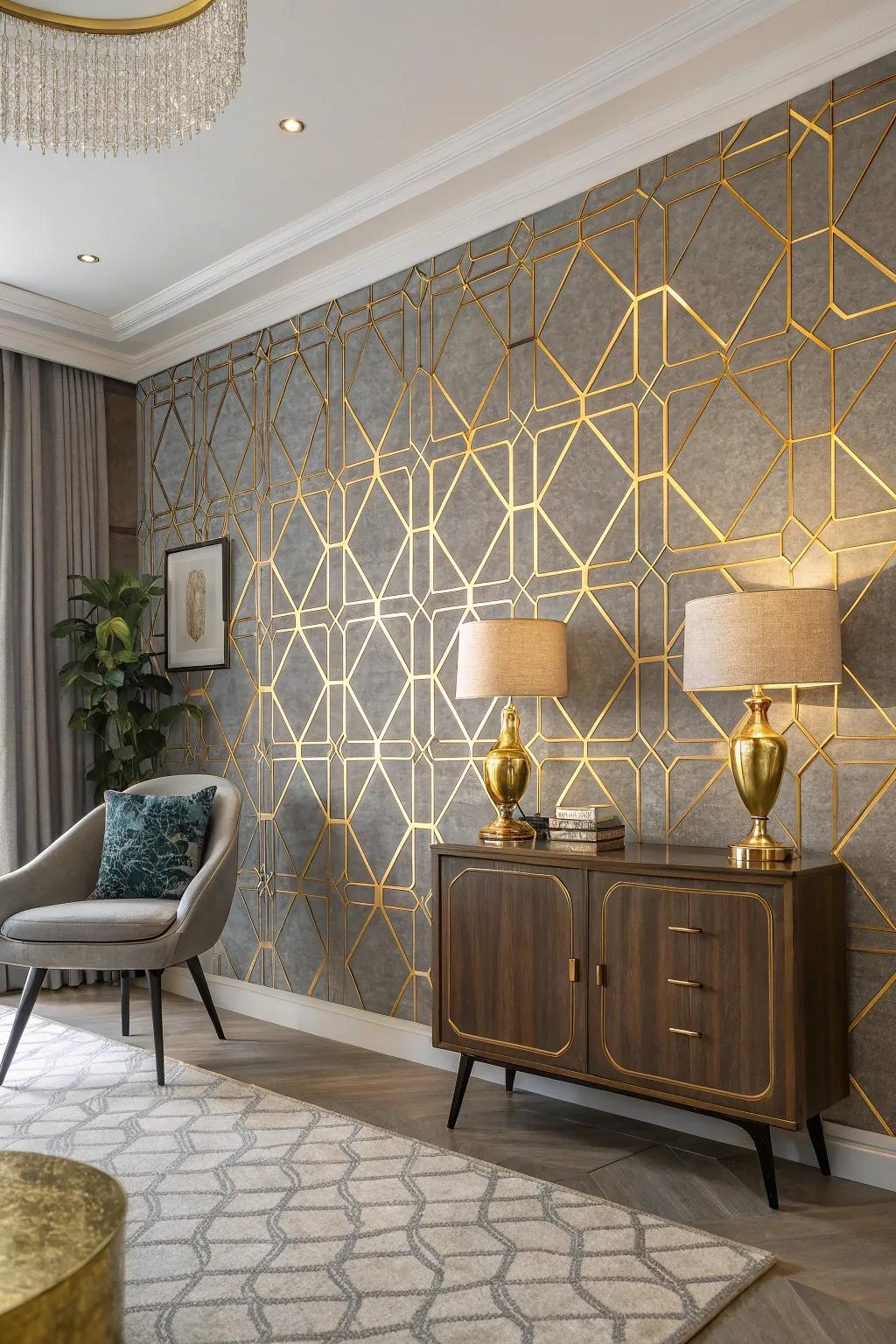 Art Deco patterns and gold accents elevate the space with sophistication.