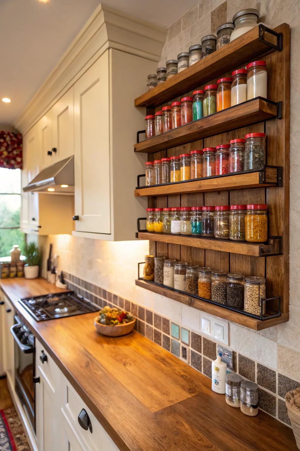 Wall-mounted shelves displaying a vibrant array of spices.