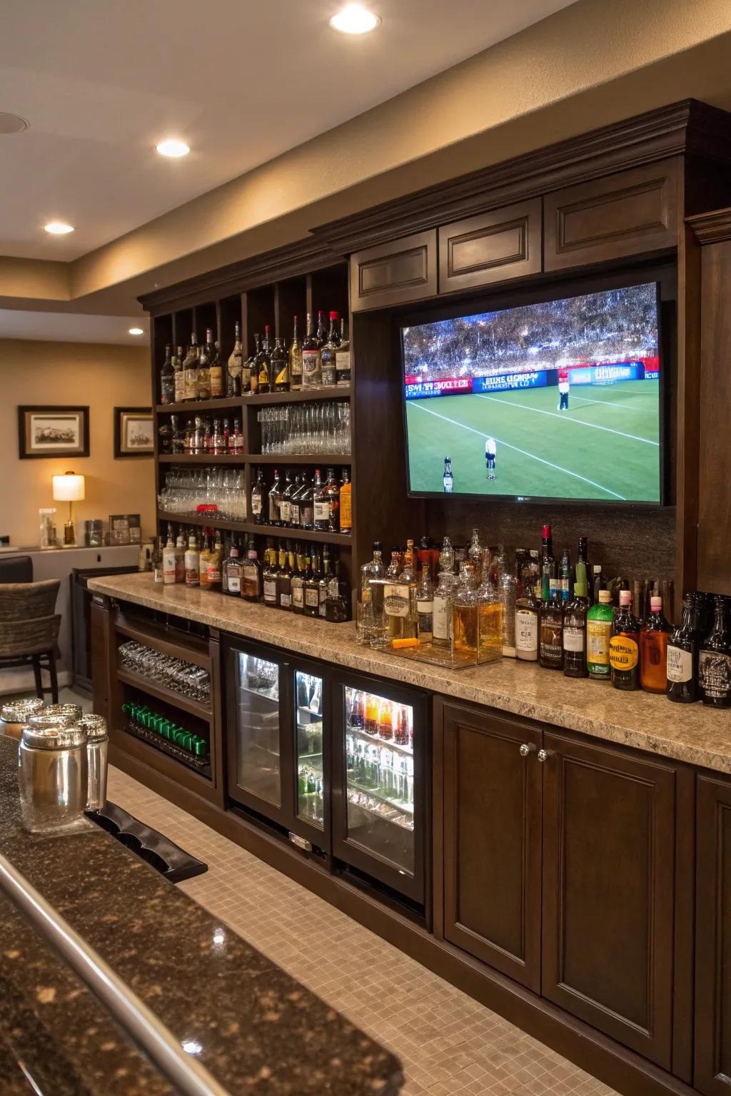 A fully stocked bar is essential for any outstanding sports setup.
