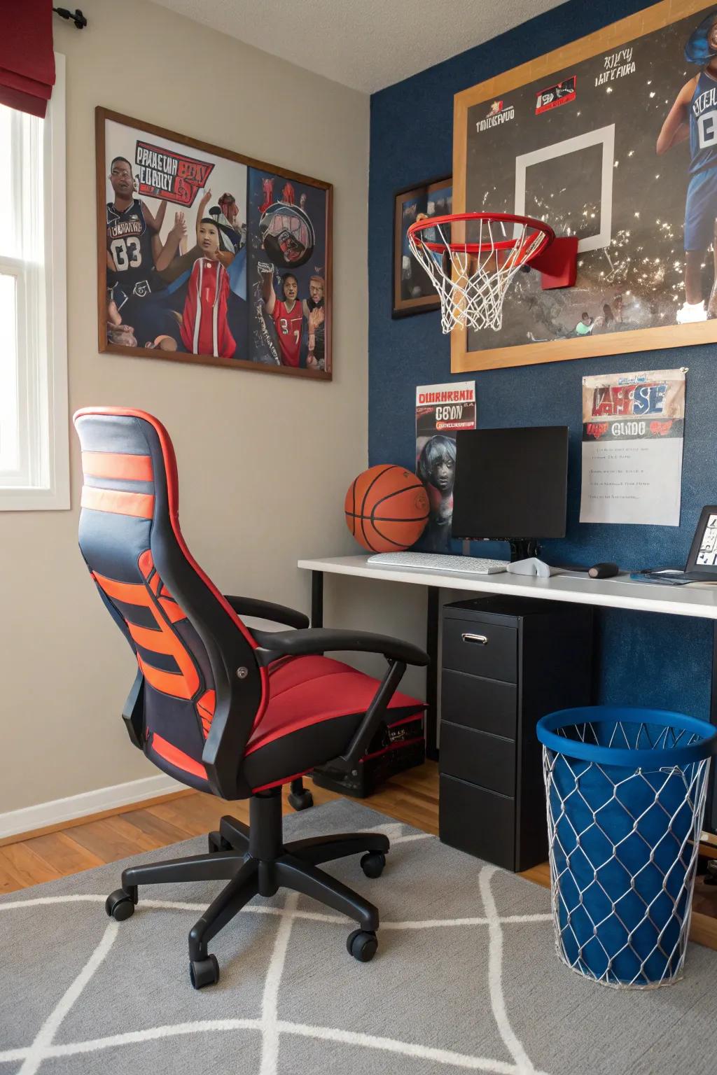 Sports-themed furniture merges functionality with flair.
