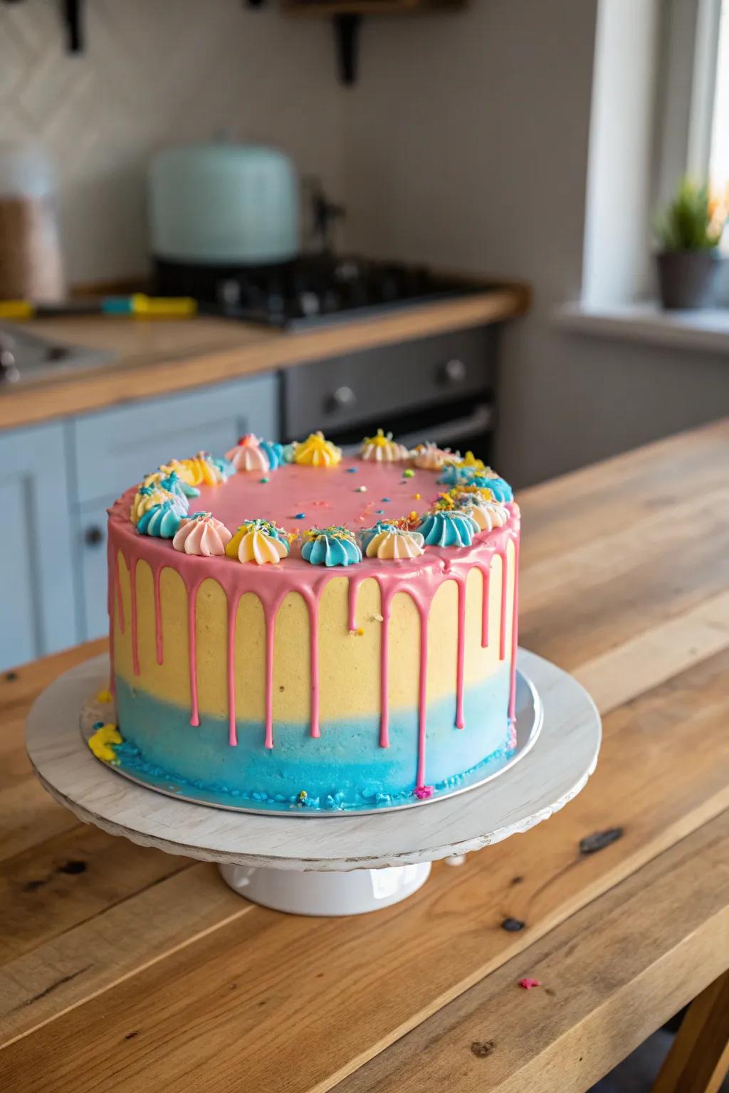 A cake featuring striking drip icing for a modern flair.
