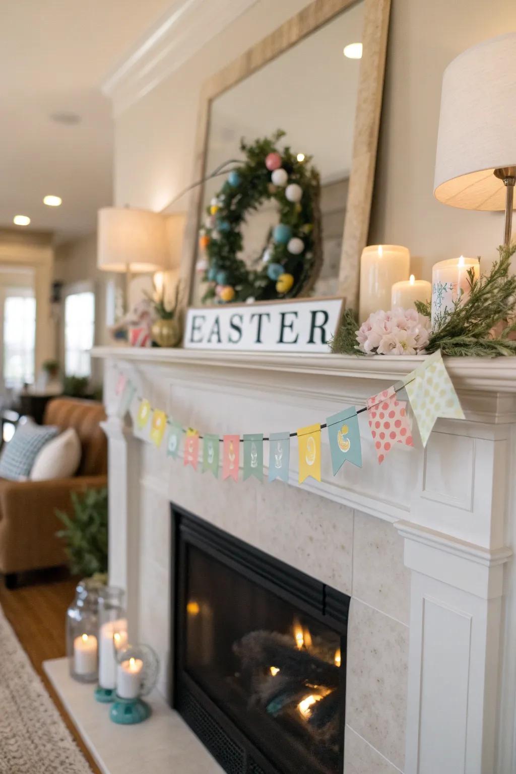 A festive banner adds a touch of brilliance to the mantel.