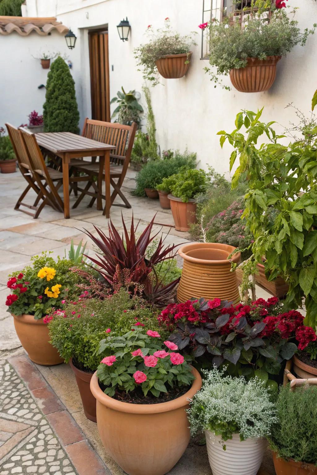 A collection of potted plants adds color and style to any patio.