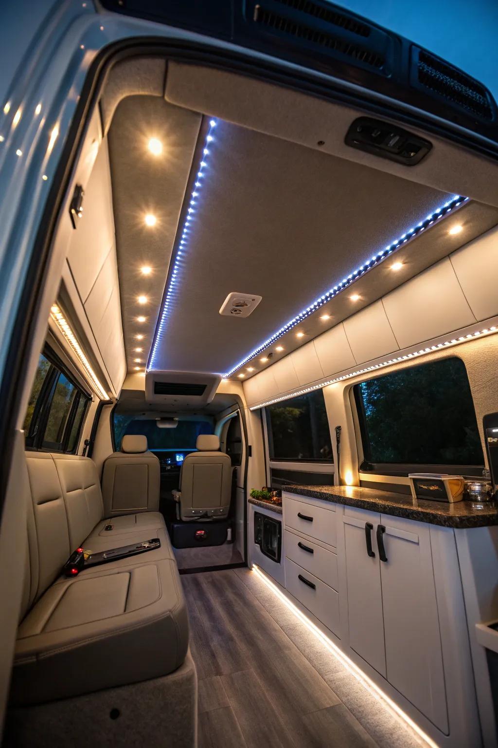 Soft ambient lighting creates a cozy atmosphere.
