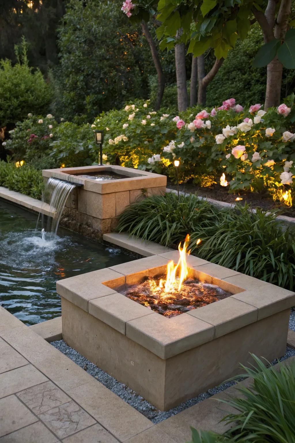 Harmonizing fire and water crafts a breathtaking outdoor spectacle.
