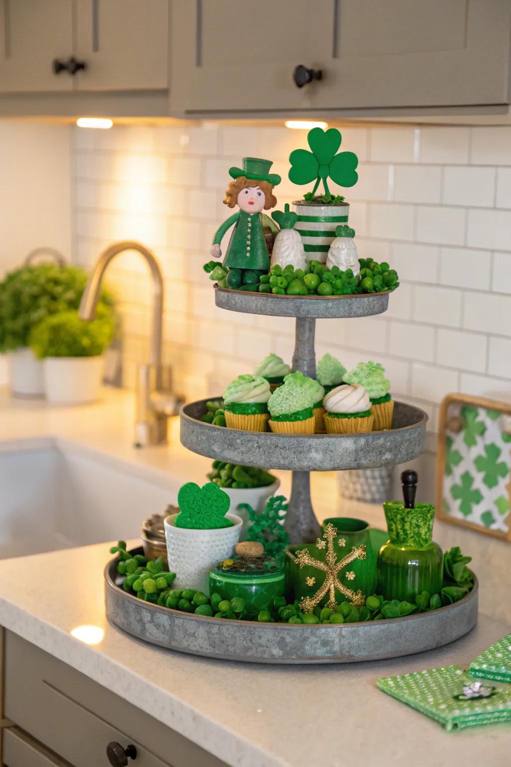 A multi-level stand brimming with St. Patrick's Day ornamentation.