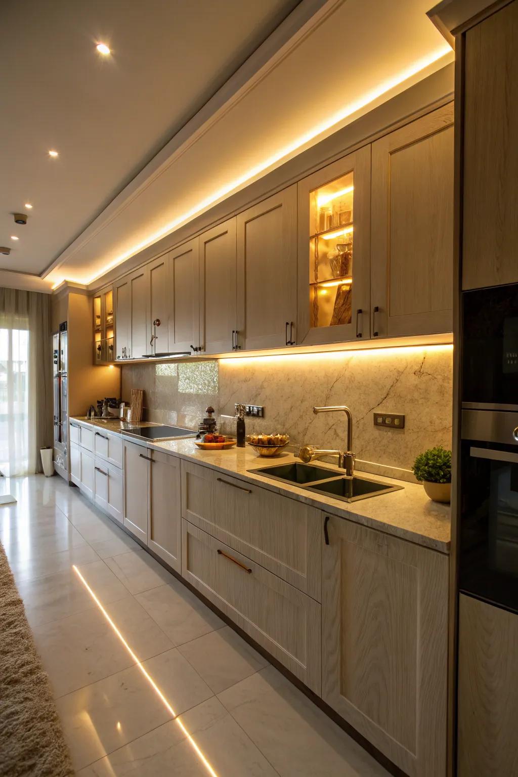 Integrated lighting enhances the warmth and elegance of your kitchen space.