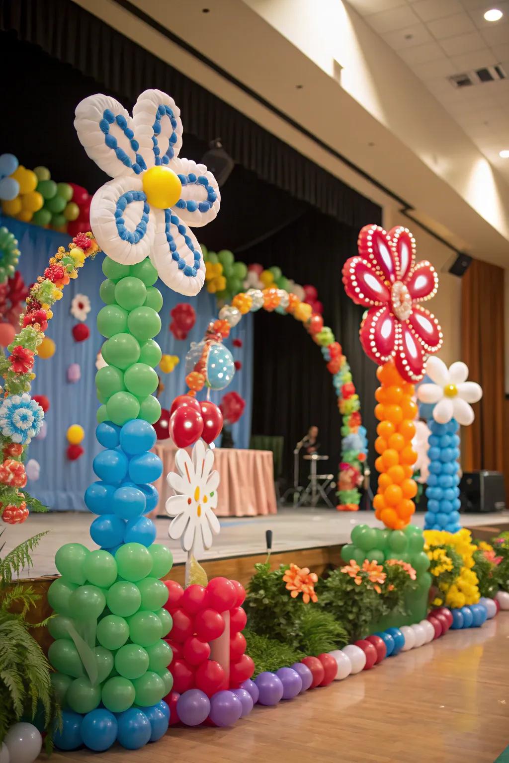 A stage adorned with whimsical air-filled floral frameworks.