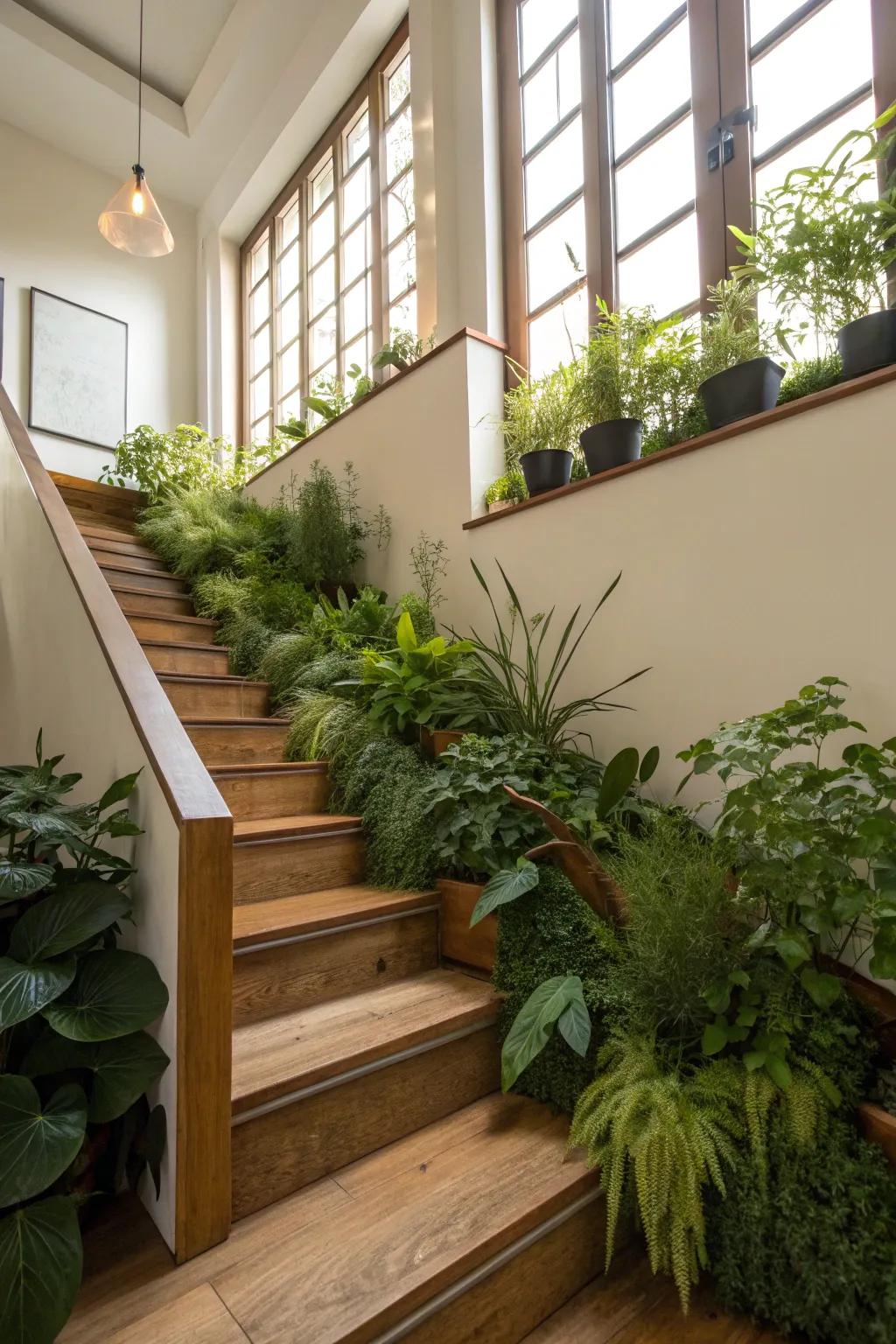 This home's staircase has built-in flower boxes that give it a natural feel.
