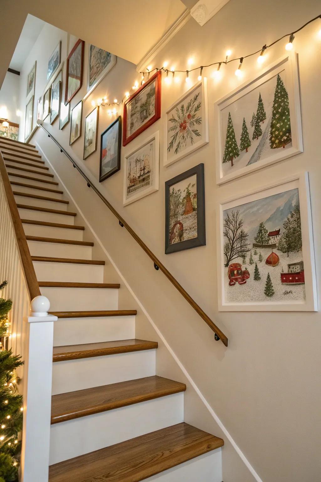 Seasonal prints bring a festive essence to the stairway gallery wall.
