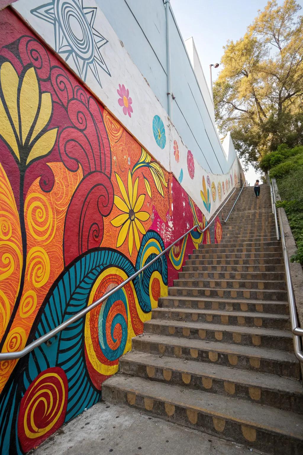 Vibrant colors breathe vitality into the stairway wall.