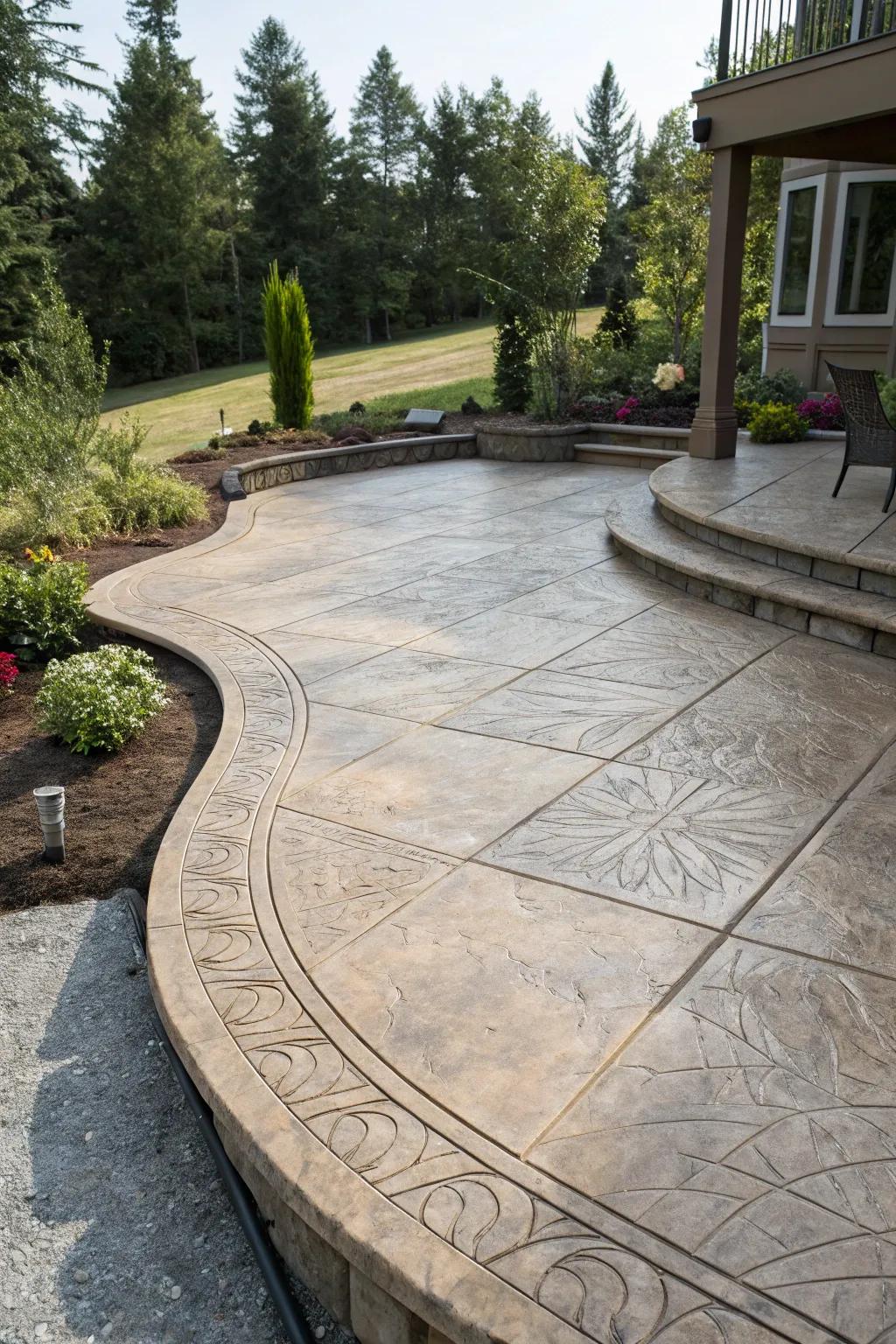 A stamped concrete patio highlighting graceful rounded borders.