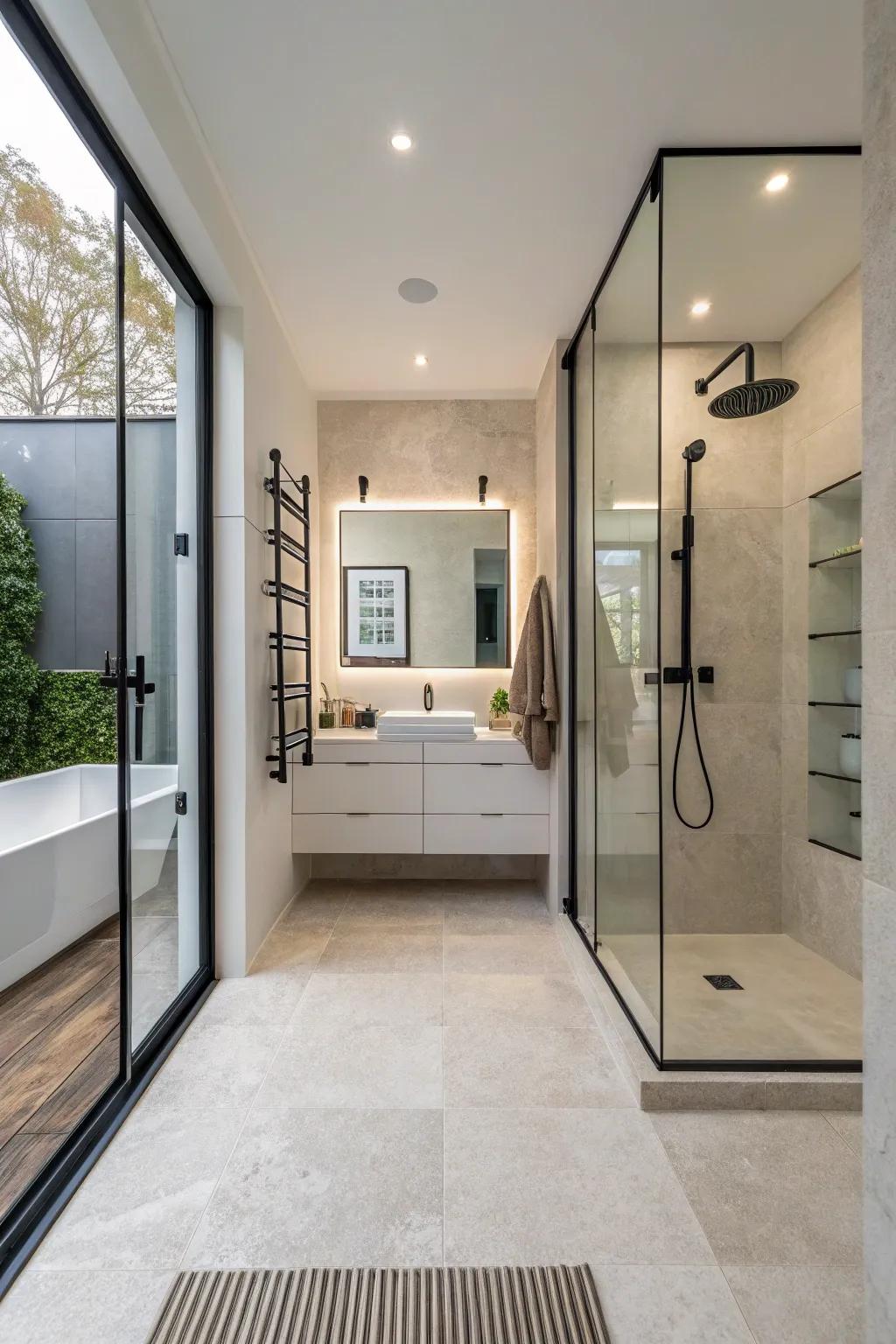 Step-in showers provide a streamlined and accessible design.