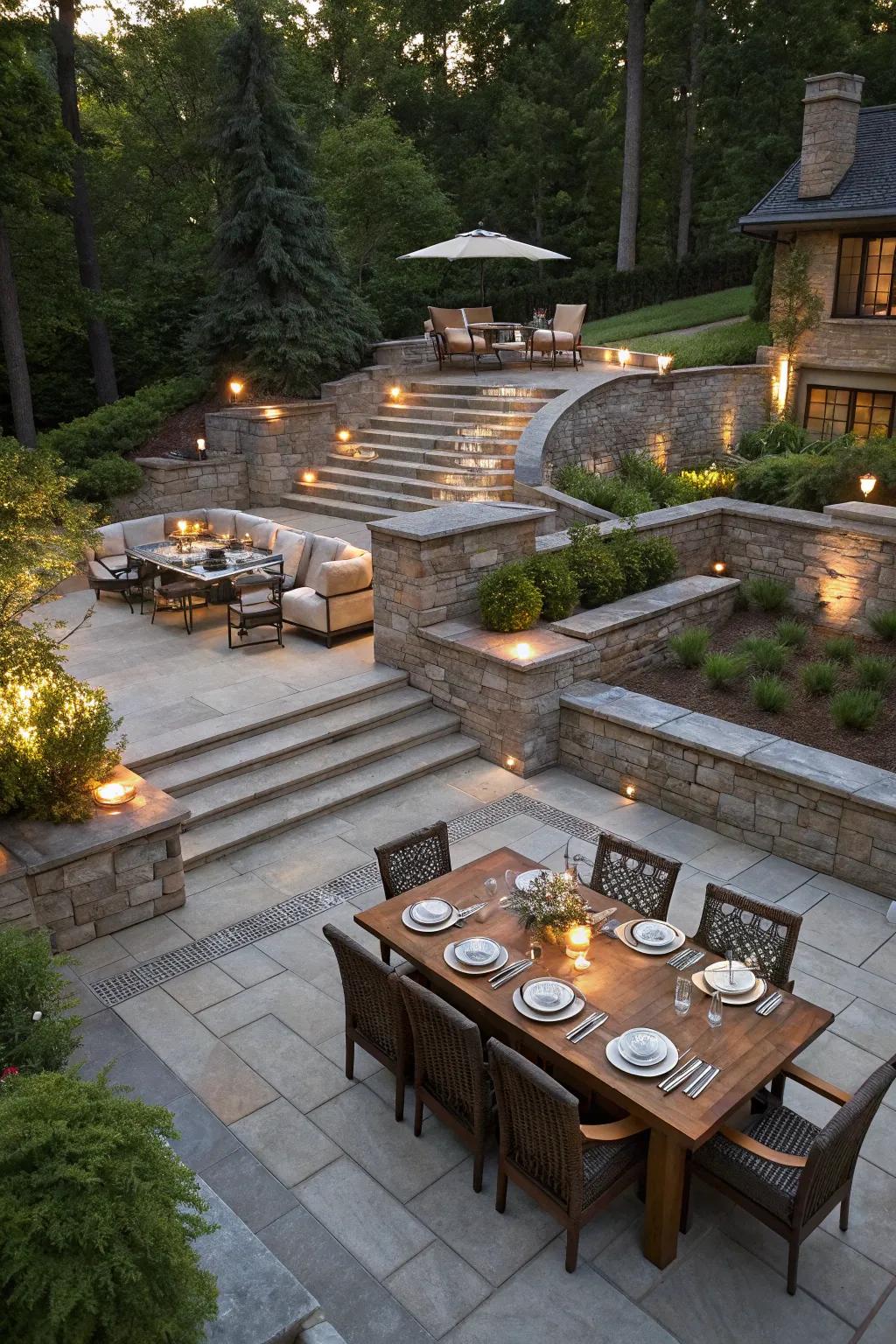 A tiered stone patio presenting unique outdoor zones.