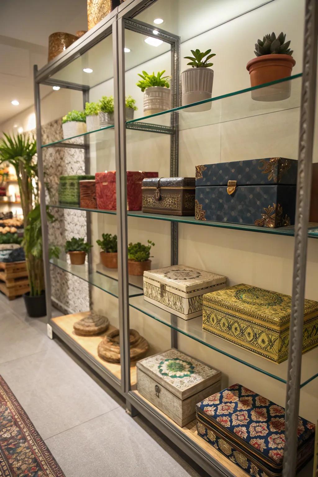 See-through shelves add a chic touch to your storage setups.