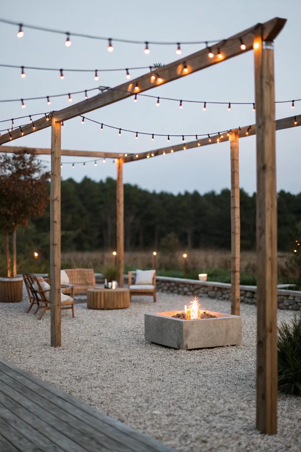 Lofty posts furnish a minimalist structure for sparkle strands.