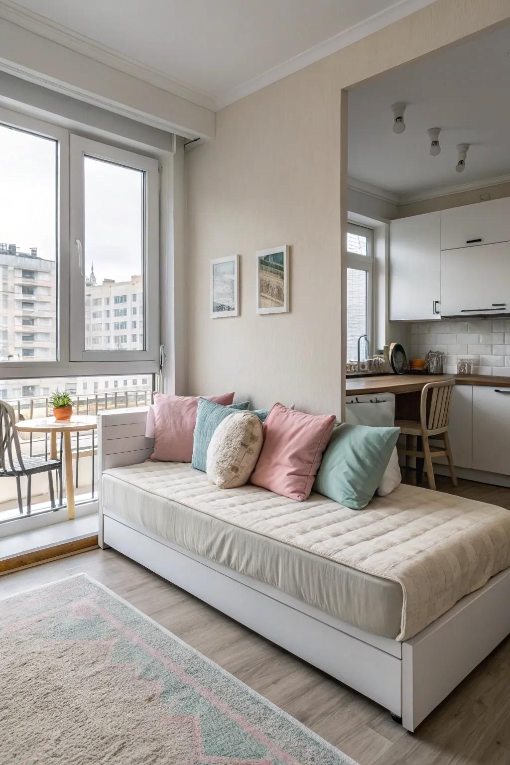 A daybed smoothly transitions from lounging to sleeping.