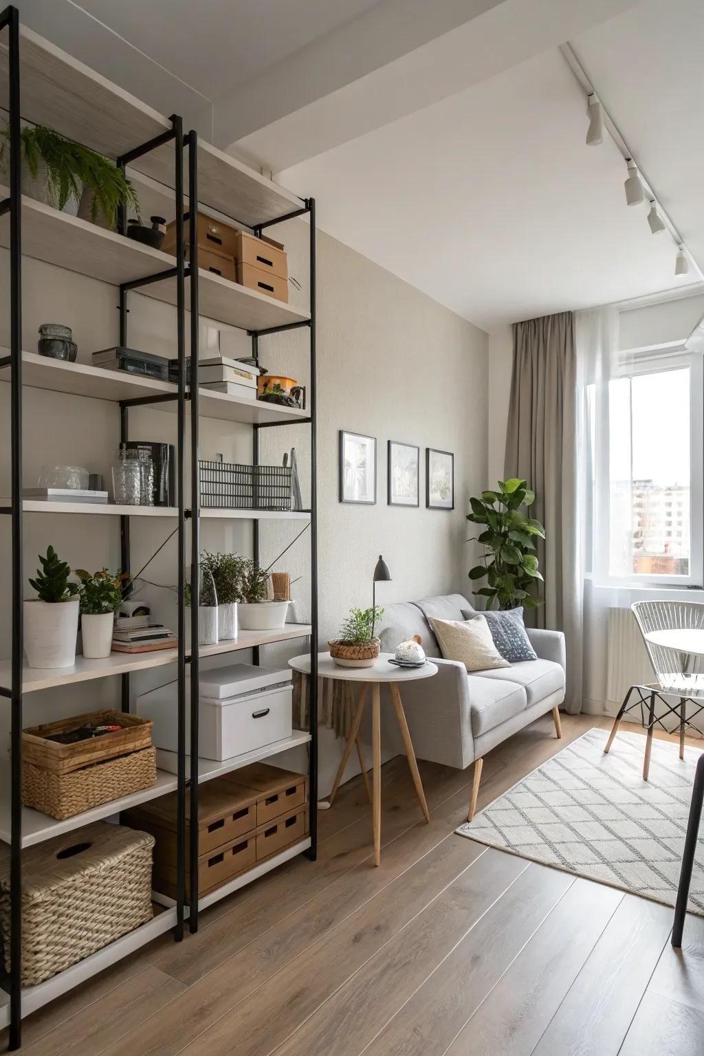 Vertical storage amplifies area within a studio apartment.