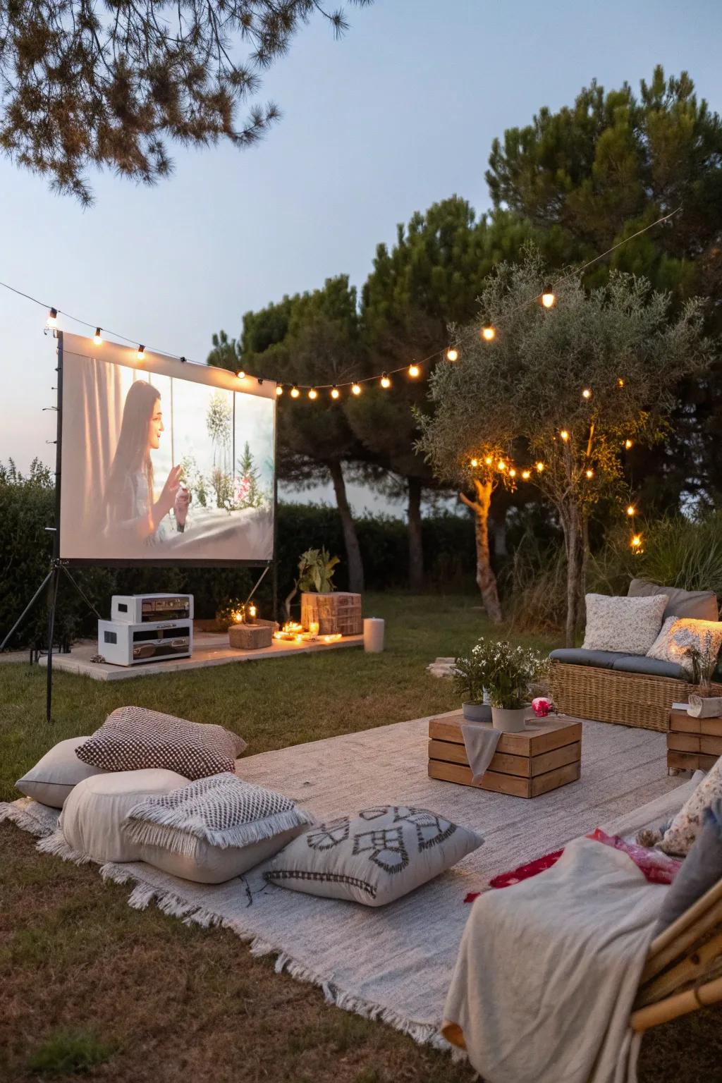 Indulge in a motion picture extravaganza beneath the open expanse of the night sky through an outdoor movie configuration.