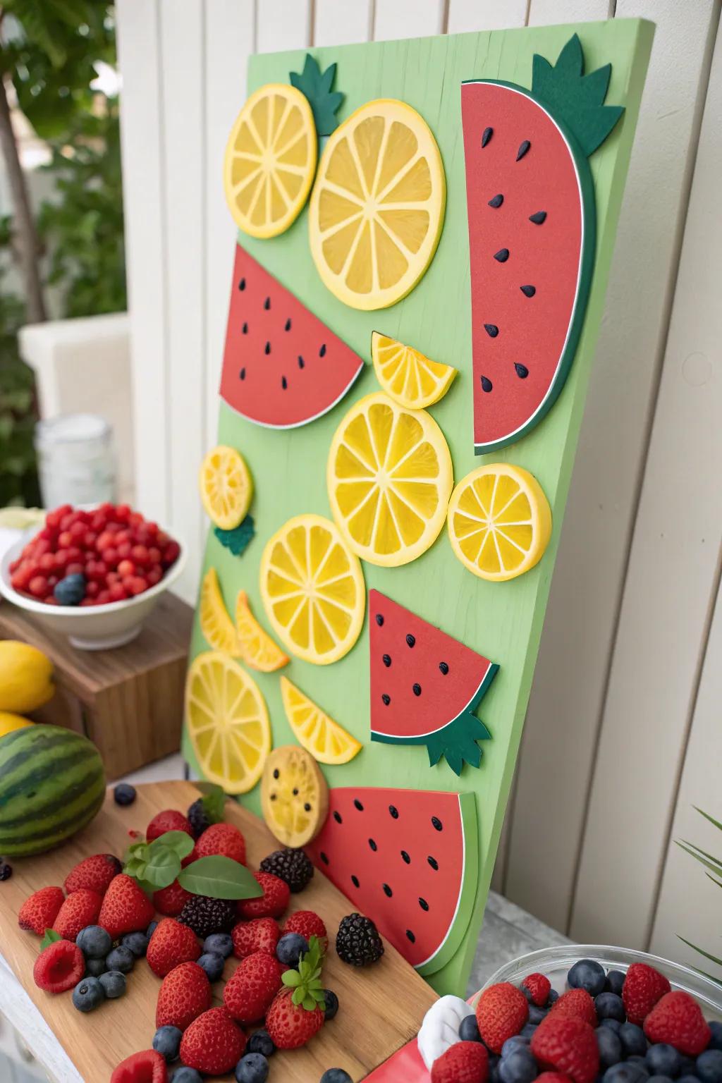 A bulletin board awash with lively fruit shapes, starring watermelons and lemons.