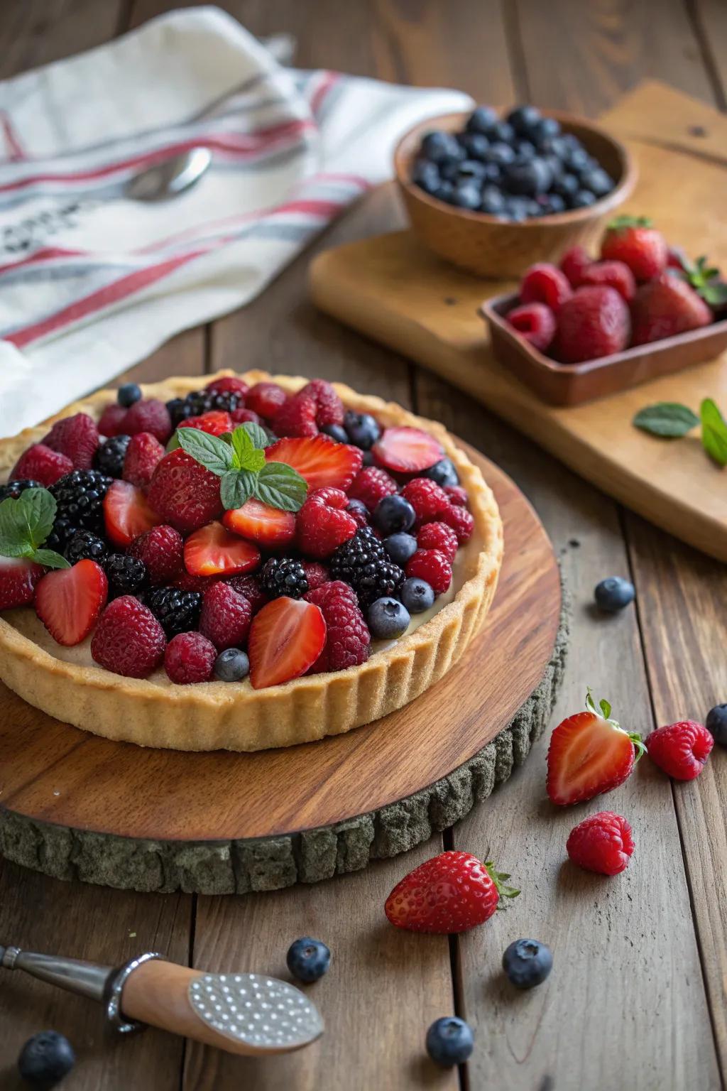 A berry burst tart, adorned with a medley of vibrant summer jewels.