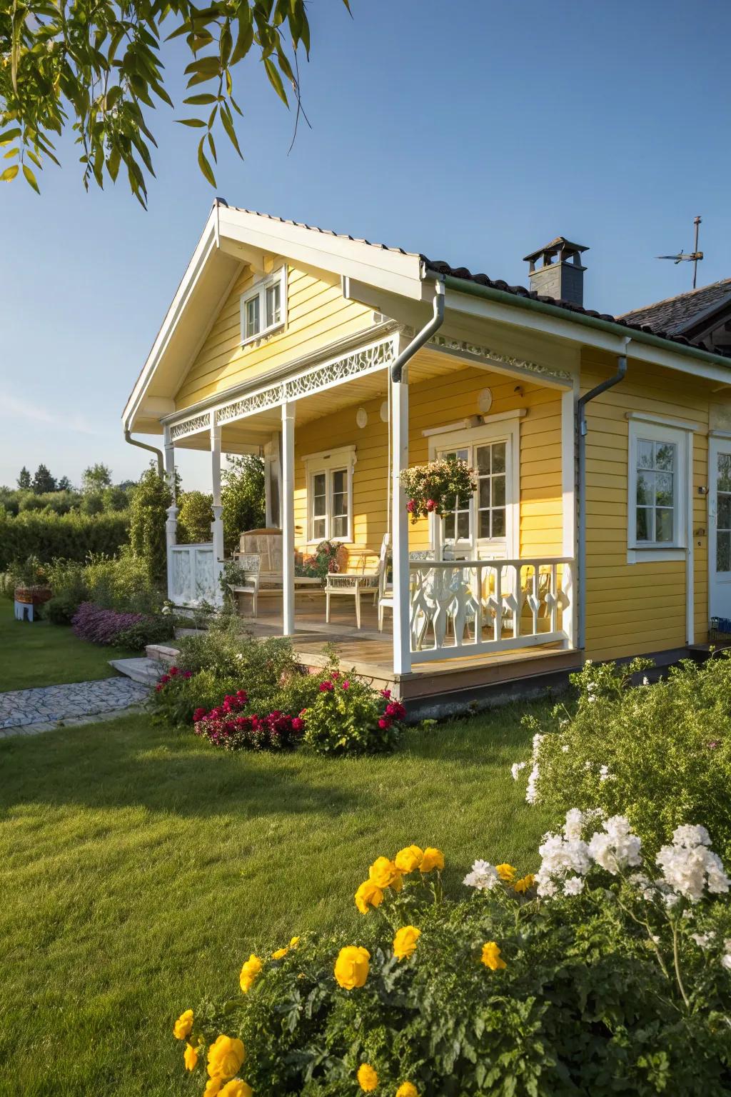 A summer house in sunlit yellow, exuding warmth and cheer.