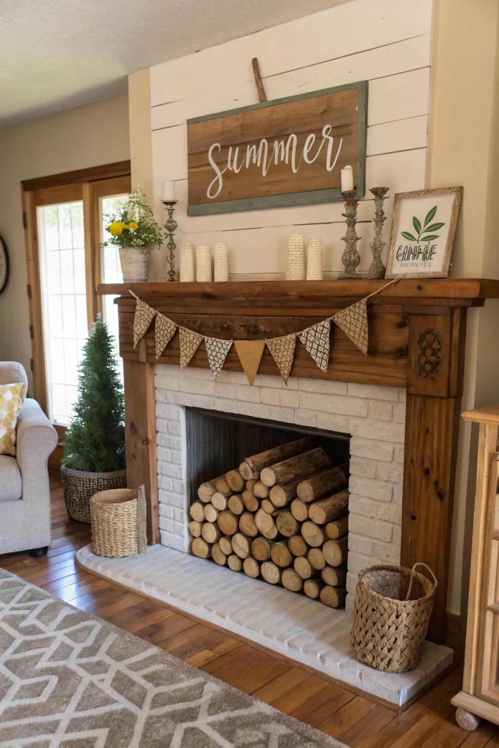 Rustic wooden elements infuse a cozy touch into your summer mantel.