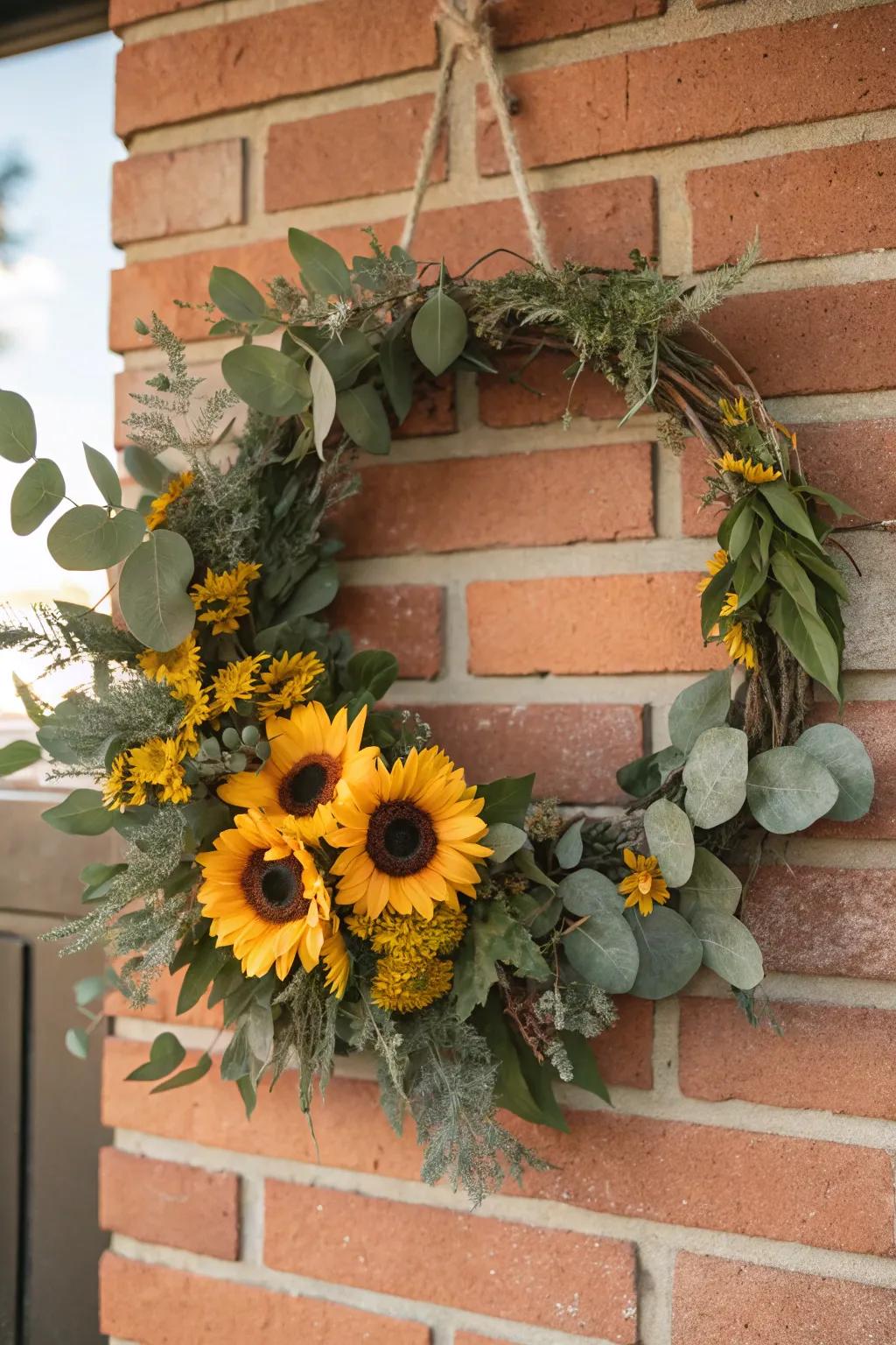 Contemporary sophistication with sunflowers and eucalyptus.