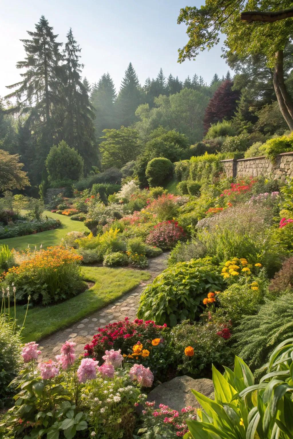 A lush, verdant sunken garden teeming with life.