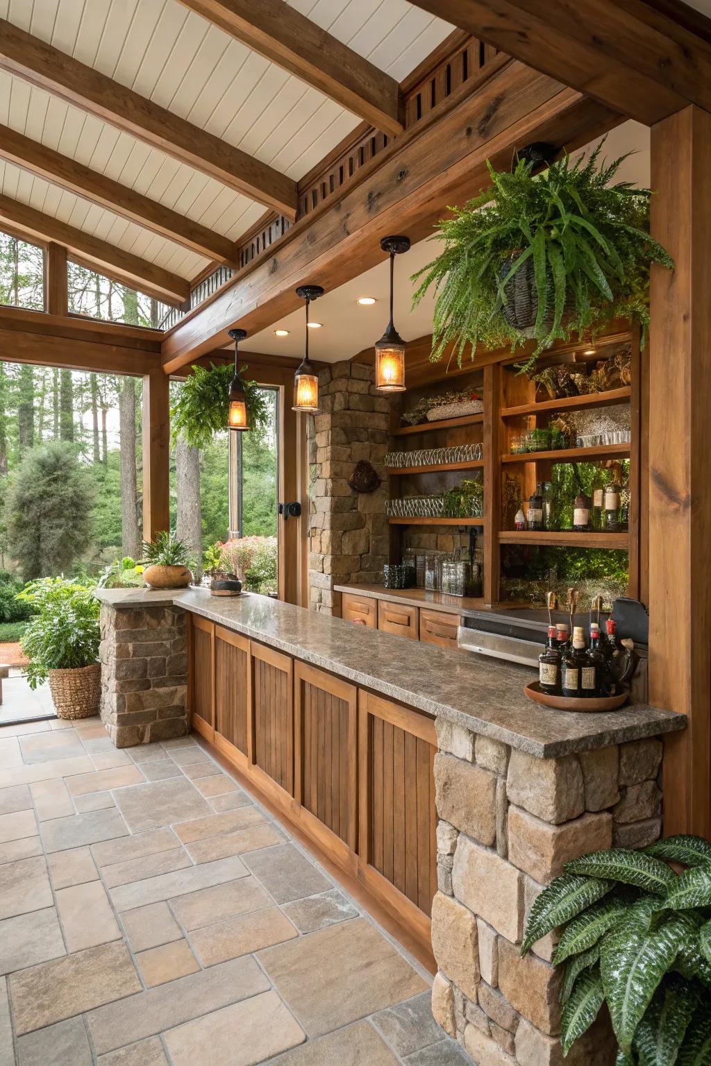 Natural components introduce warmth and an organic touch to your sunroom bar.