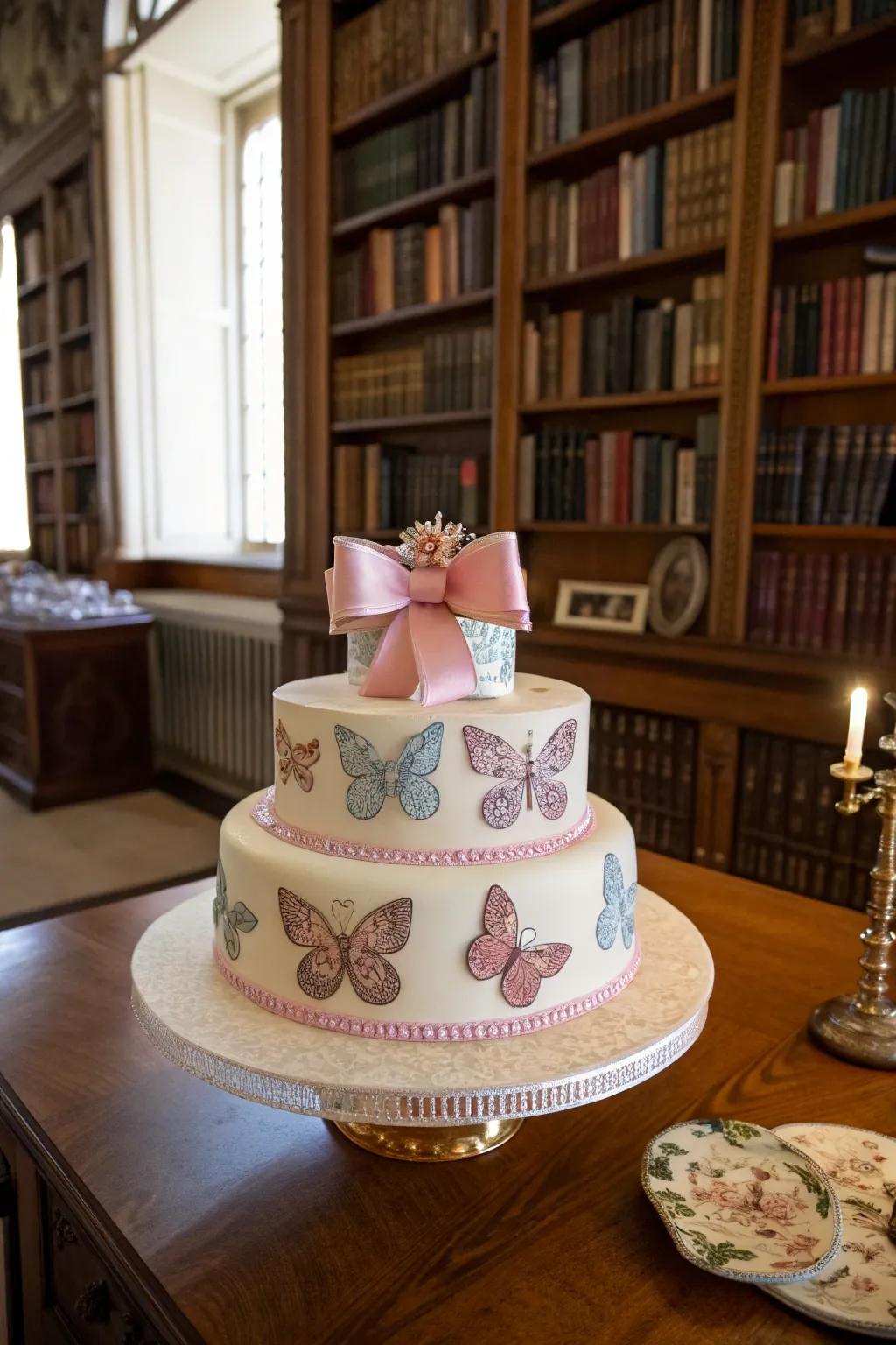 A whimsical cake adorned with fluttering insects and ribbons, ideal for a fairytale festivity.