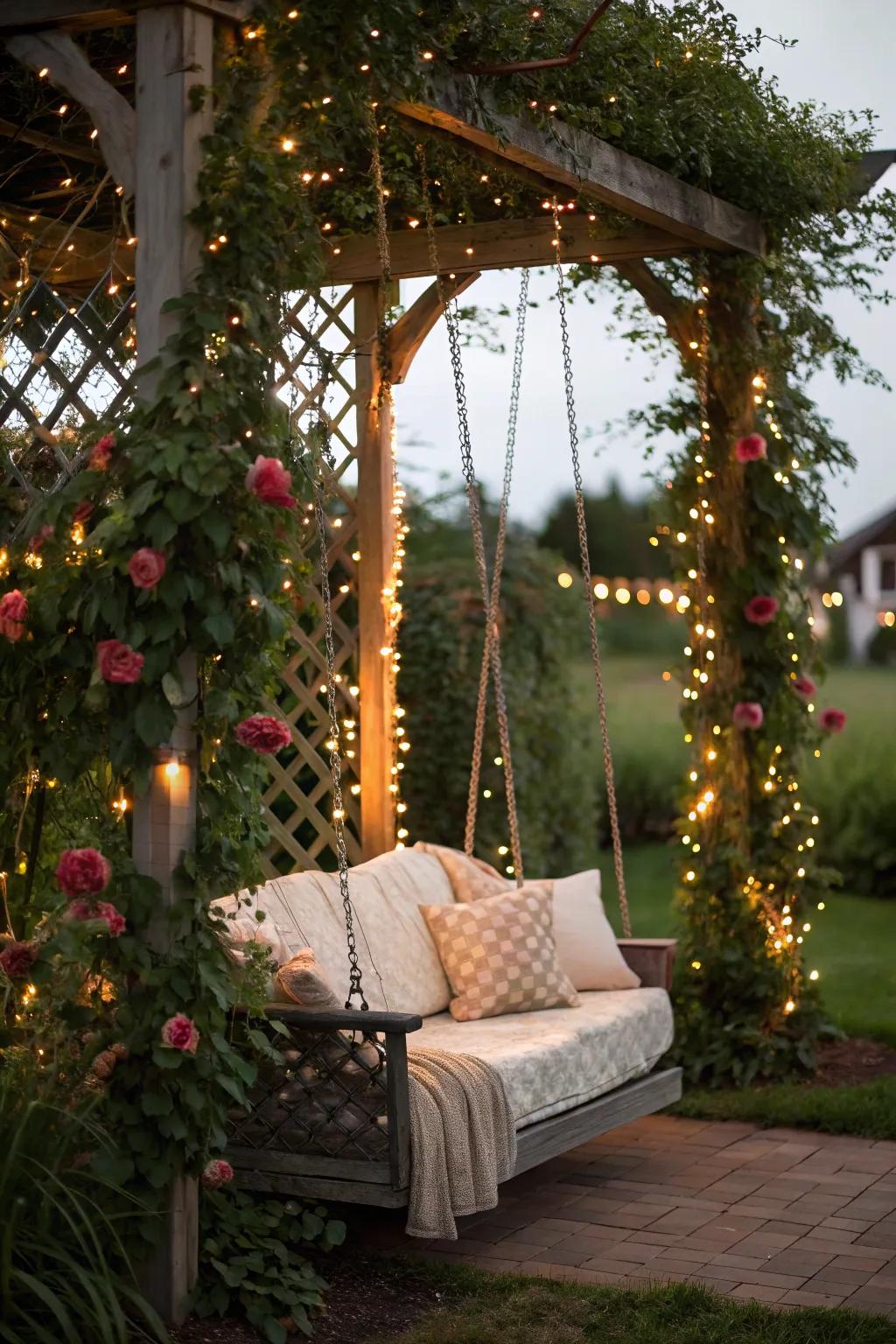 An arbor swing shines under the glow of miniature lights.