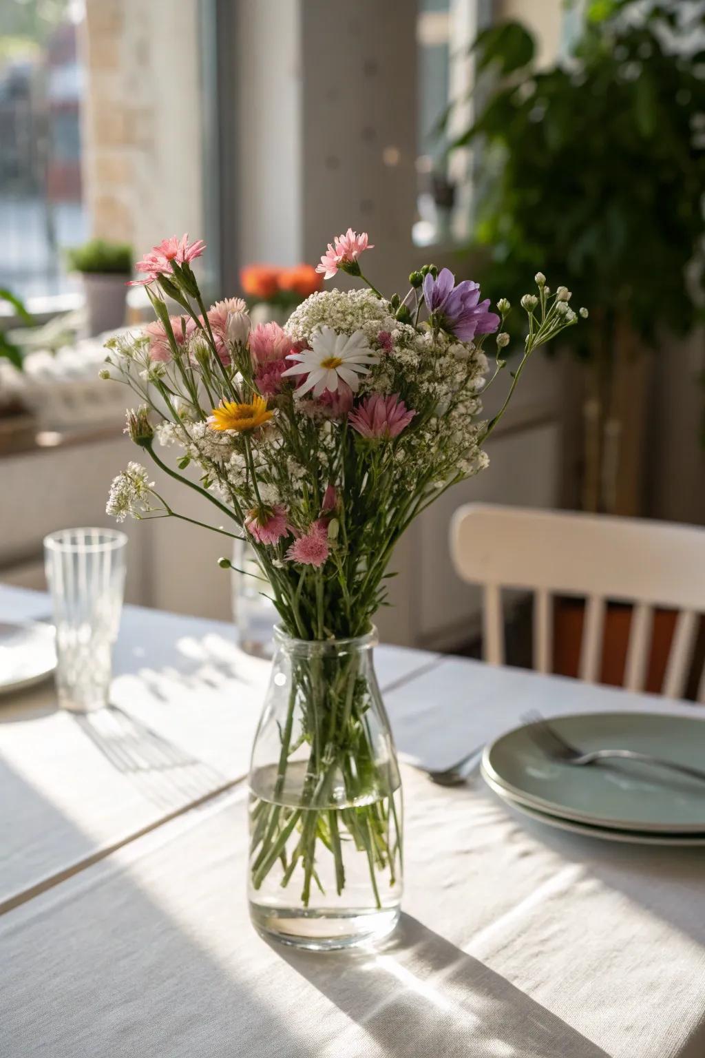 A minimalist centerpiece featuring a simple glass form.