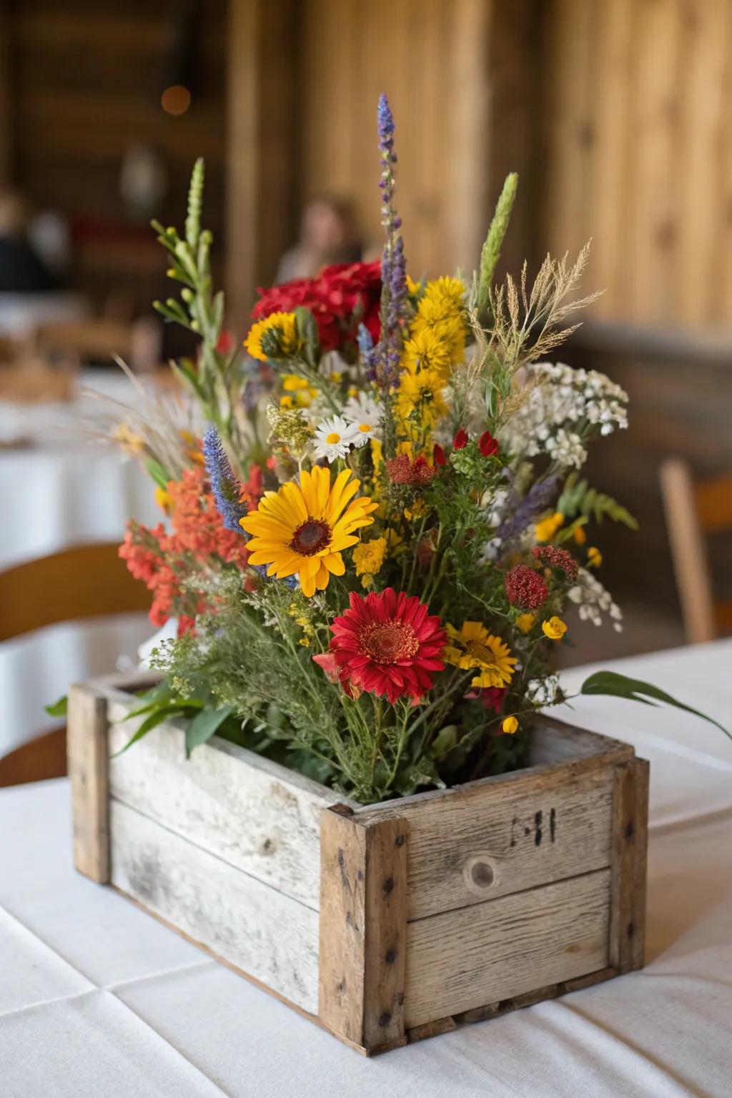 A captivating down-to-earth centerpiece showcasing untamed flowers within a rustic container.