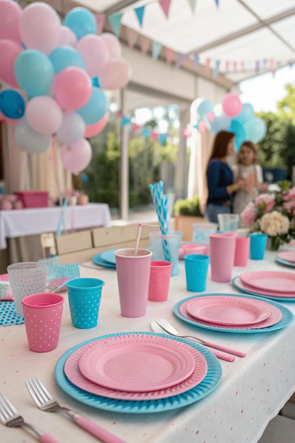 Enchanting thematic serving ware shaded in rose and sky to complete your gender reveal centerpiece.